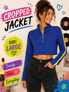 Hearts & hips Royal Blue Half-Zip Bomber Top with Neon Stripe juniors LARGE